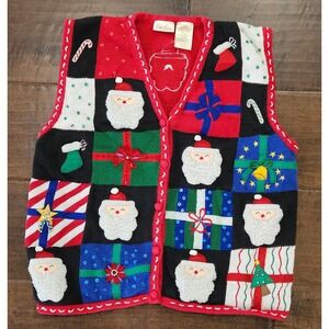 VTG Whimsical Holiday Gramdma Christmas Sweater Vest Santa Patchwork Beaded XL